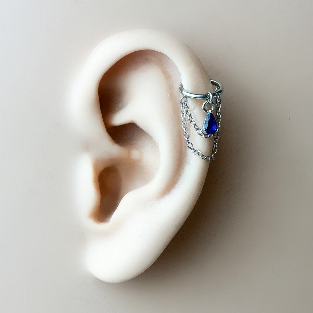Non Piercing Clip On Ear Cuff Dainty Pink Ruby CZ Teardrop Double Chain Helix Piercing, cartilage piercing, conch hoops, conch clip on