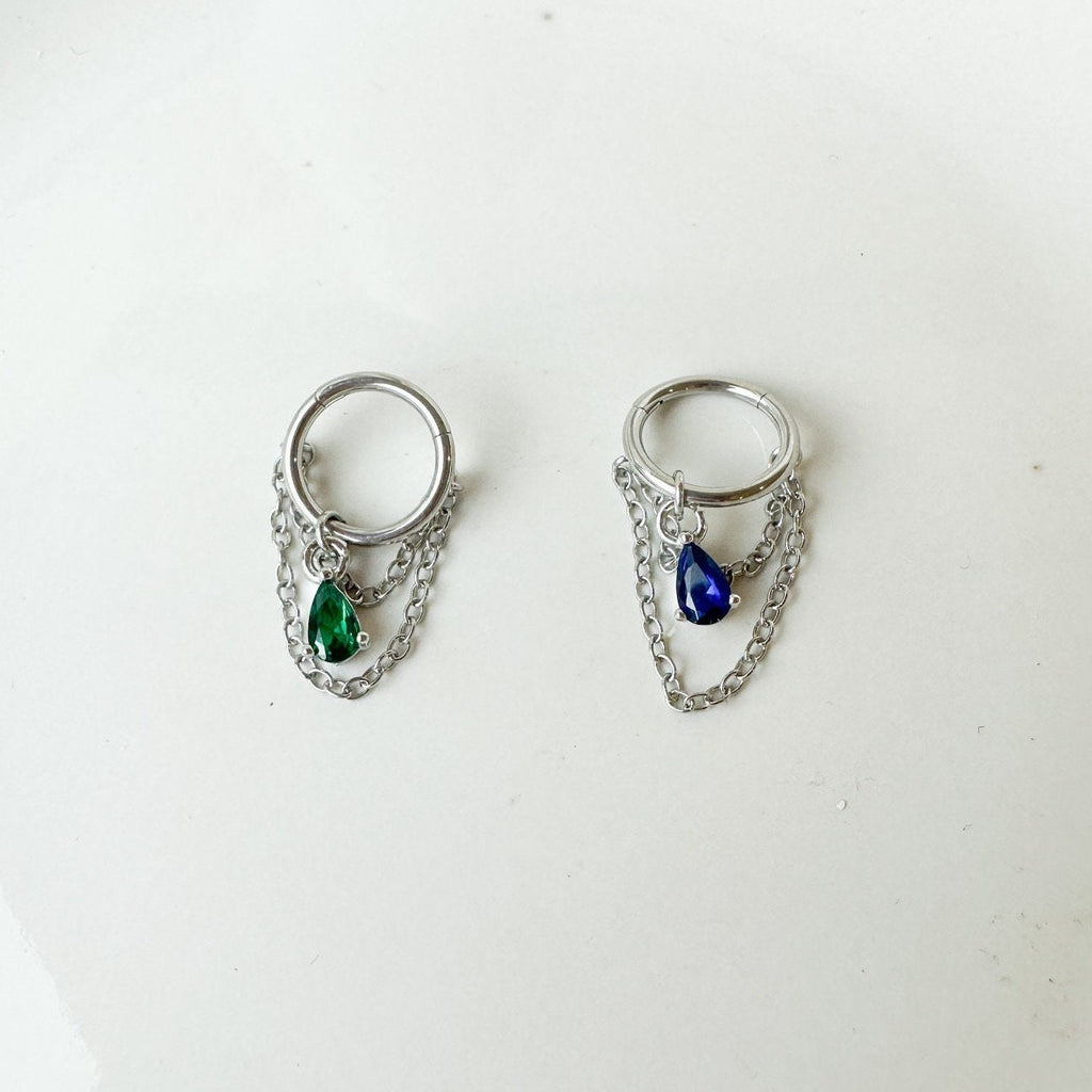6mm-12mm, Dainty Emerald Teardrop Double Chain Helix Piercing, cartilage piercing, hoop huggies, helix hoops, 16g 18g stainless