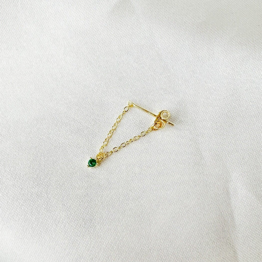 Simple Dainty Drop Emerald Crystal 18kt Gold Sterling Silver Chain  conch piercing, cartilage piercing, conch hoop, chain earrings