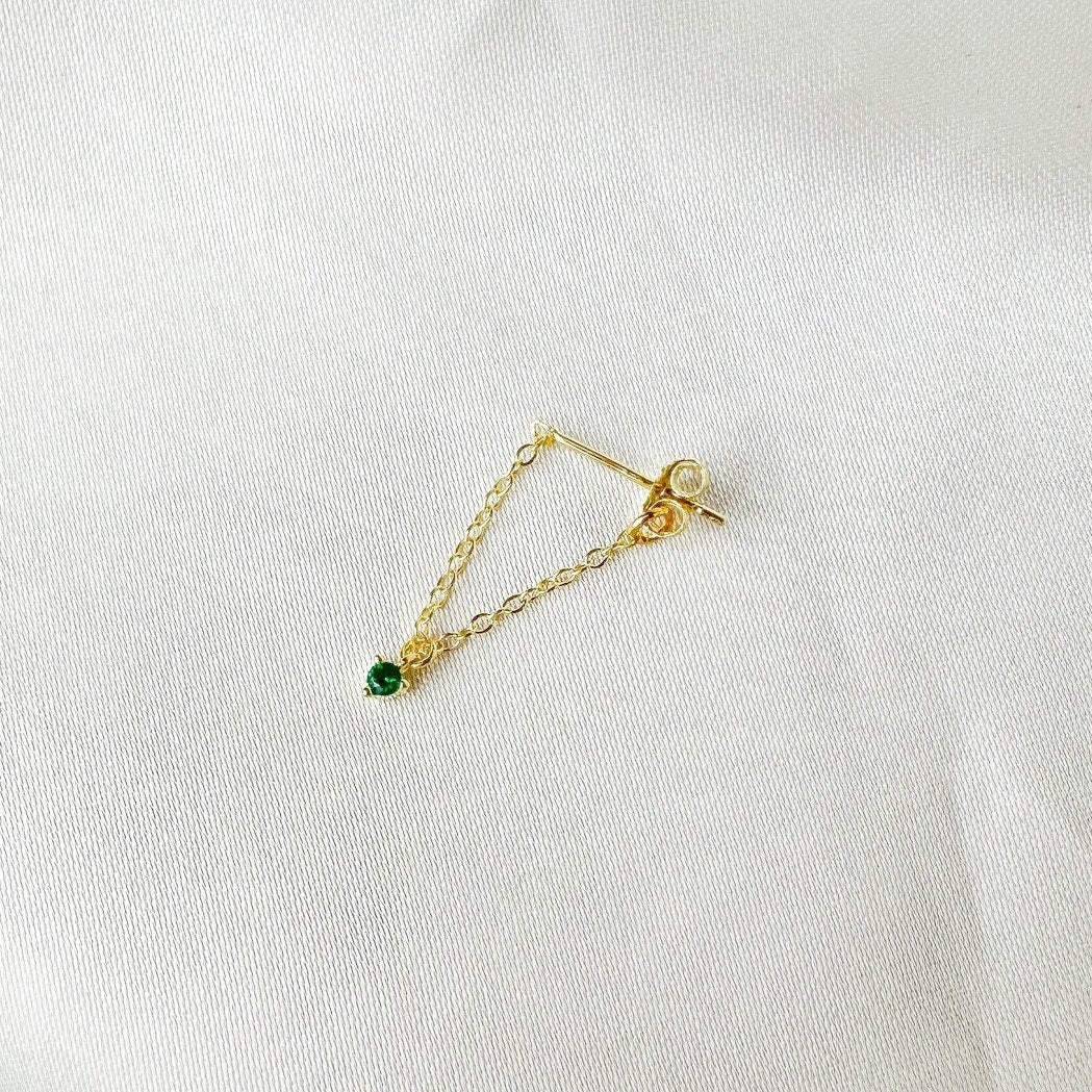 Simple Dainty Drop Emerald Crystal 18kt Gold Sterling Silver Chain  conch piercing, cartilage piercing, conch hoop, chain earrings