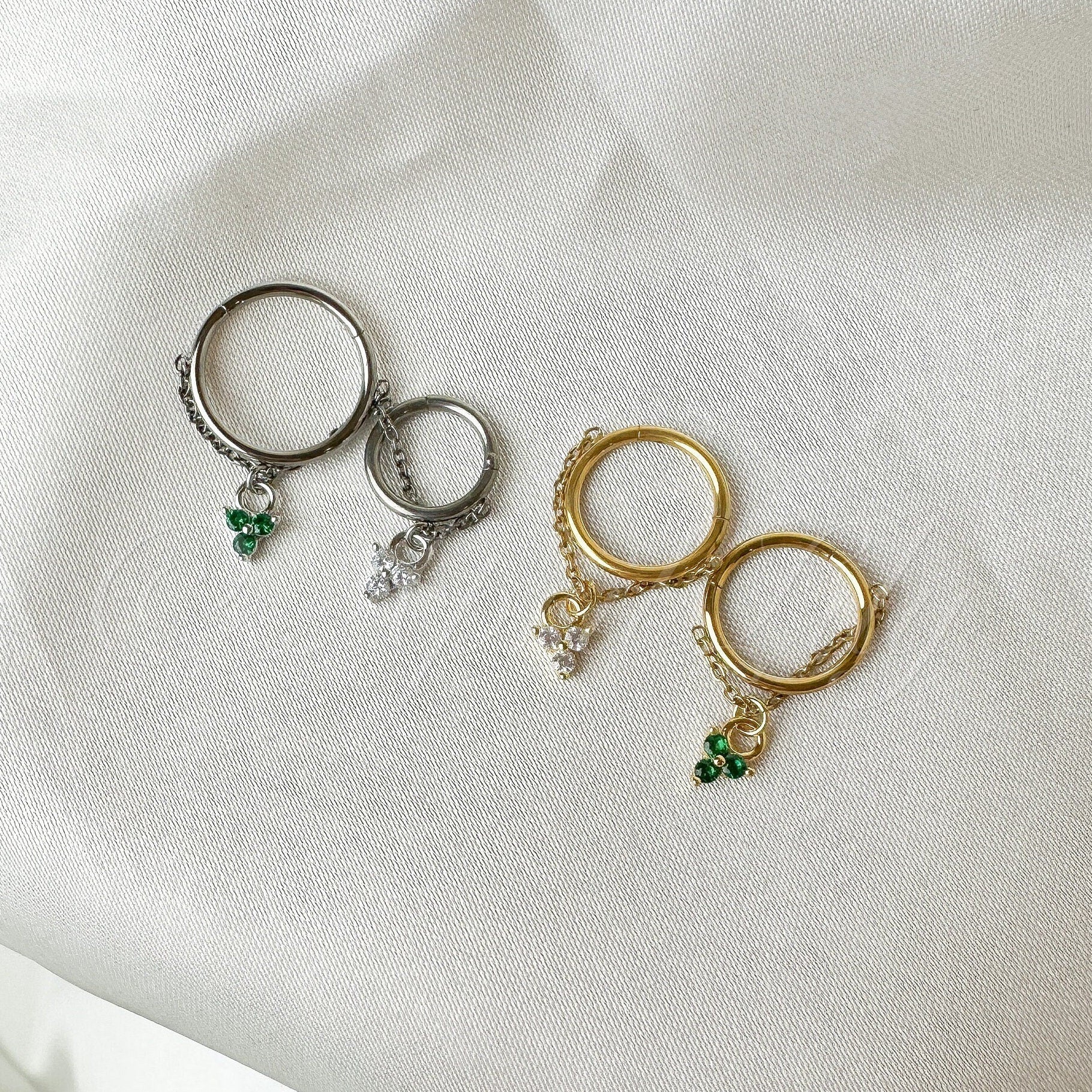 16g 18g 6mm 8mm 10mm 12mm Gold Emerald Clover F136 Titanium Chain Charm Conch Hoop, gold hoop, silver hoop, 3 dots charm, helix charm hoop