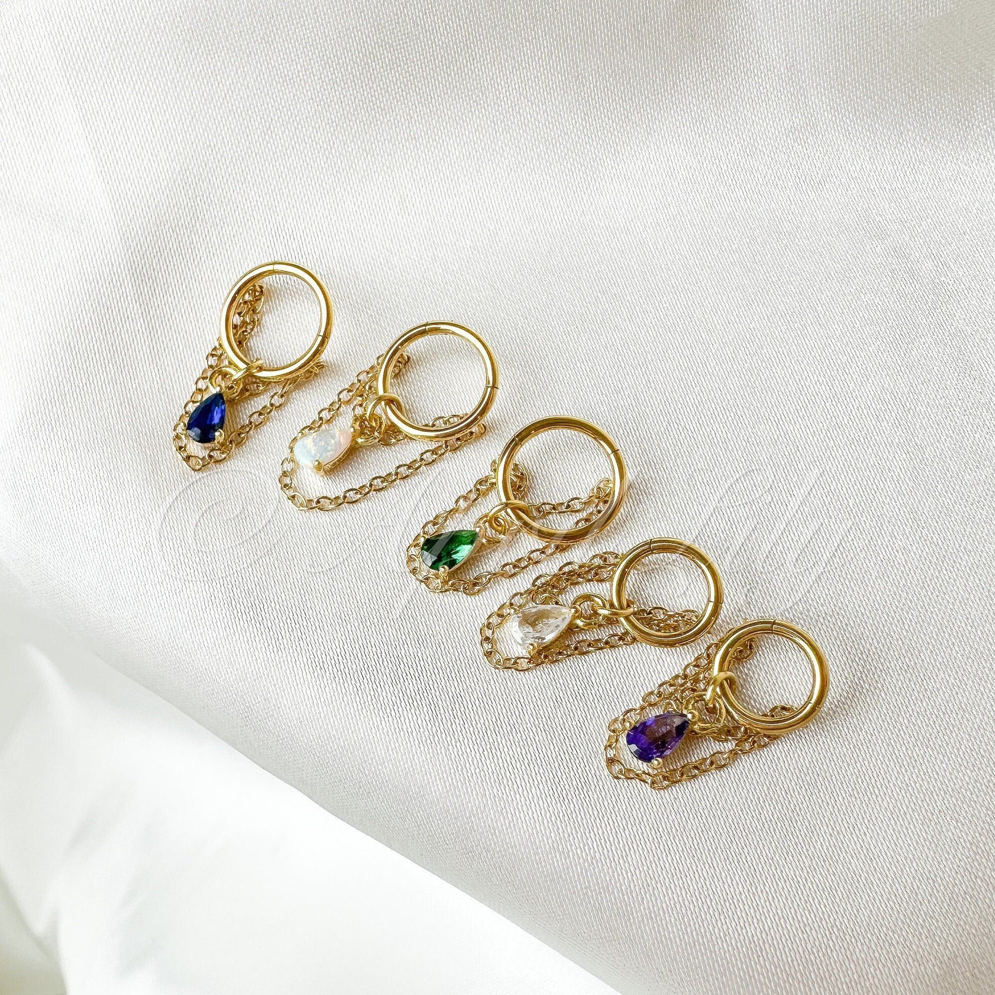 14g 16g 18g 6mm 8mm 10mm 12mm Dainty Opal Teardrop Double Chain Helix Piercing, cartilage piercing, hoop huggies, chain earrings, helix hoop