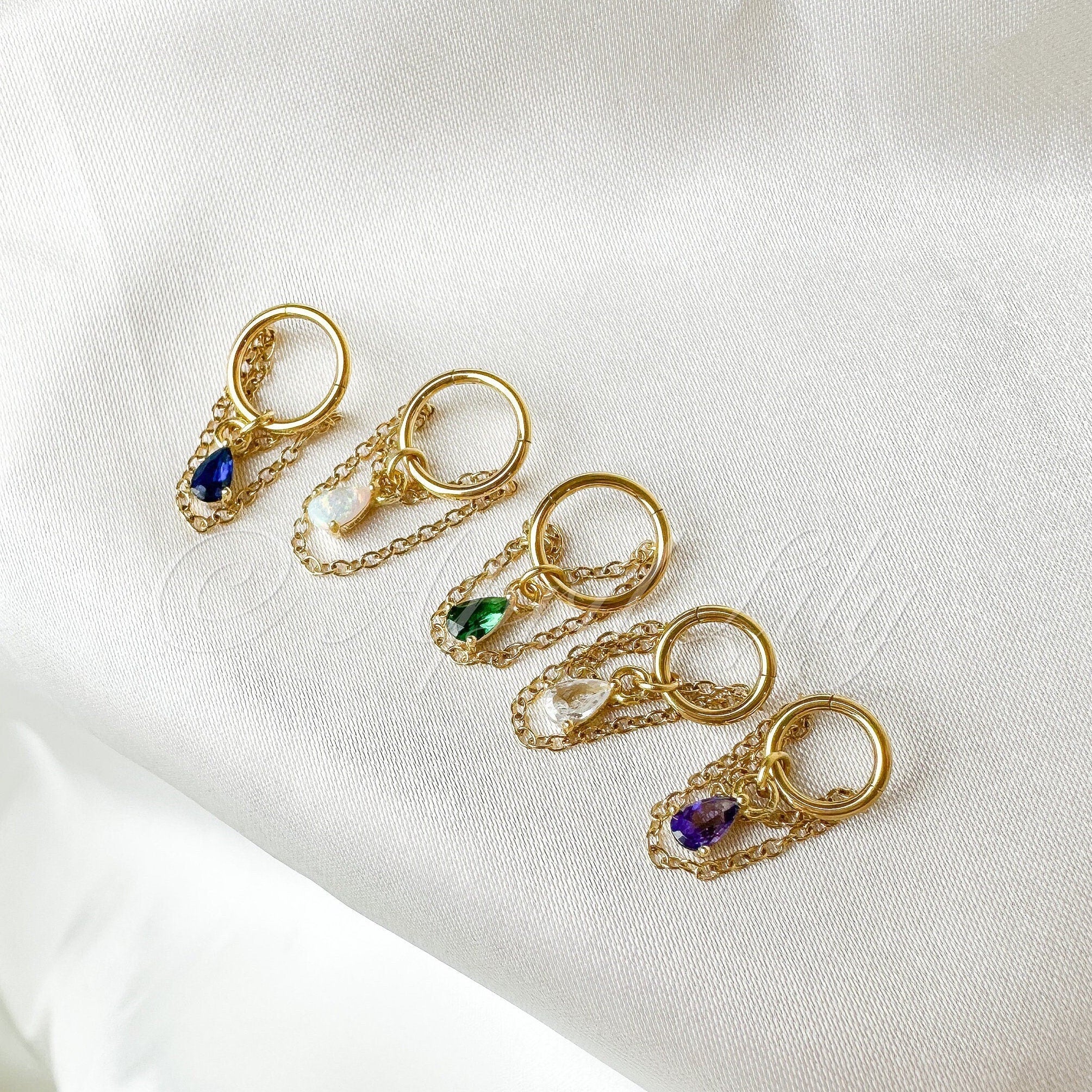 6mm-12mm, Dainty Emerald Teardrop Double Chain Helix Piercing, cartilage piercing, hoop huggies, helix hoops, 16g 18g stainless