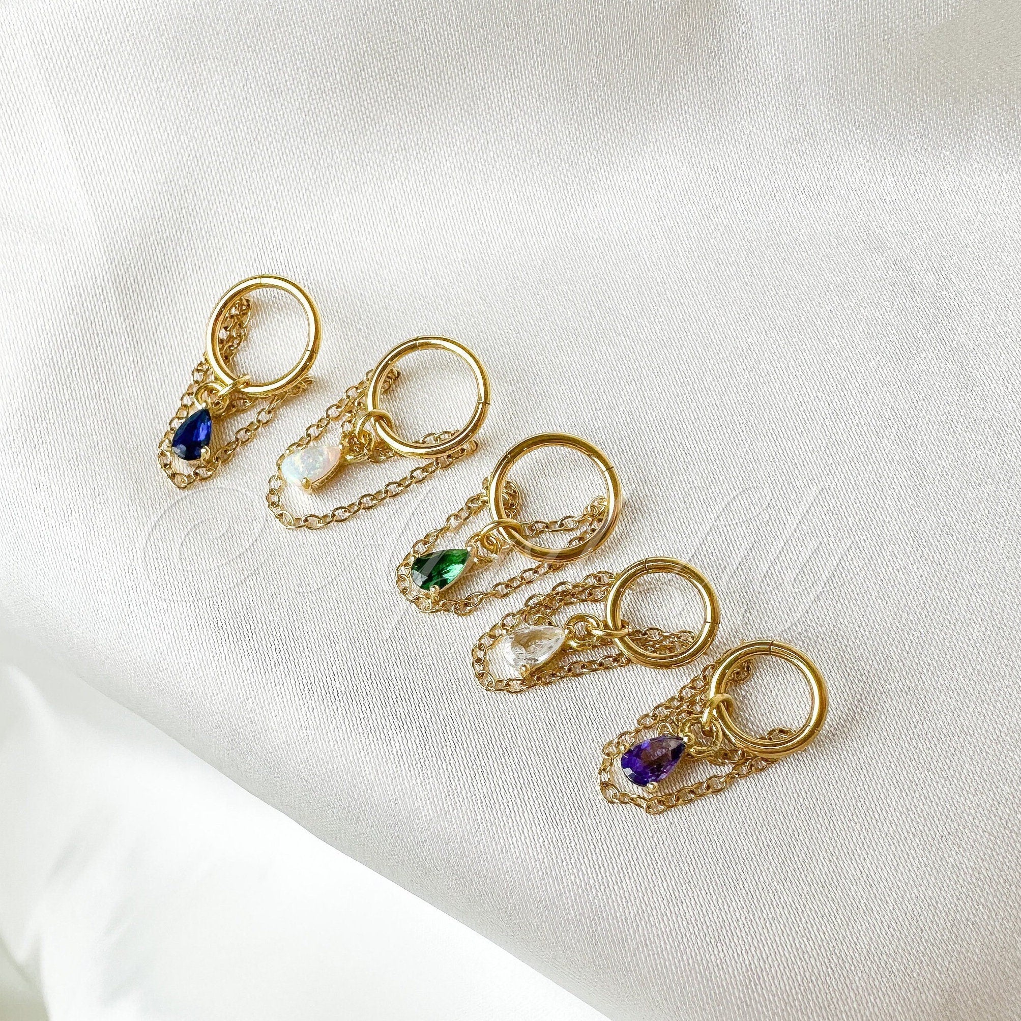 14g 16g 18g Dainty Sapphire Teardrop Double Chain Helix Piercing, hoop huggies, chain earrings, helix hoop, 6mm 8mm 10mm 12mm stainless hoop