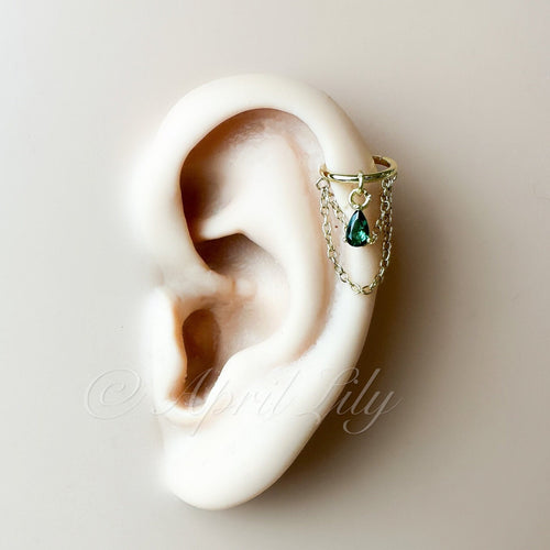 14g 16g 18g 6mm 8mm 10mm 12mm Dainty Emerald Teardrop Double Chain Helix Piercing, hoop huggies, chain earrings, helix hoops, Surgical Steel