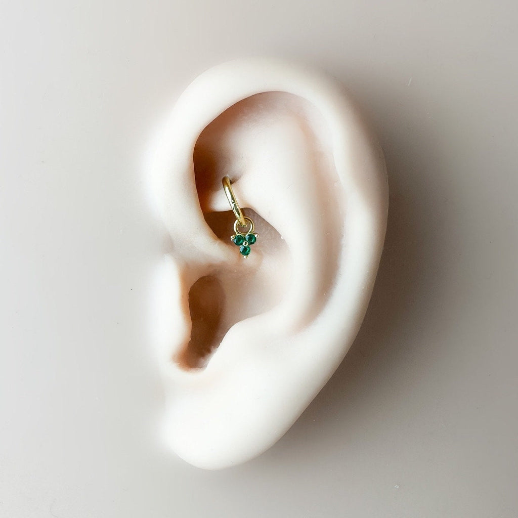 16g 18g 20g Dainty Emerald Clover sterling silver, rook hoop, rook huggie, hoop huggies, cartilage piercing, cartilage earrings
