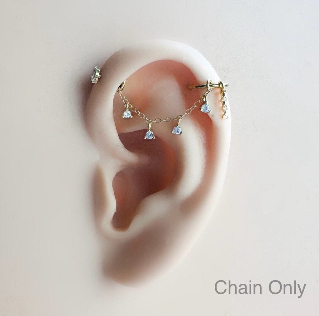 Dainty Industrial Barbell CZ Chain (only) for Piercing, Gold Sterling Helix Chain Piercing, Chain Earring,Conch Chain Piercing 14g, 16g, 18g