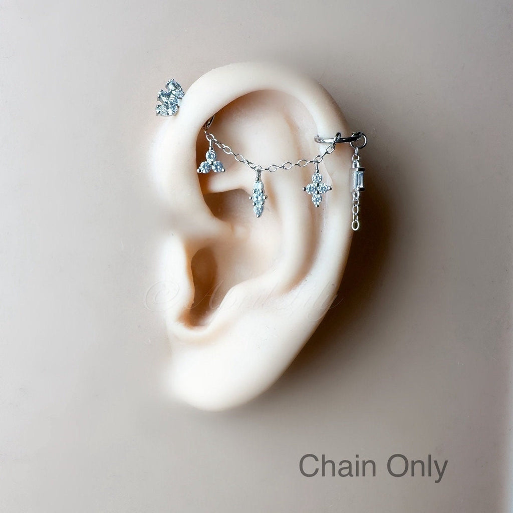 Dainty Industrial Barbell Triple Charm Chain (only) for Piercing, Sterling Silver Helix Chain Earring,Conch Chain Piercing 14g, 16g, 18g