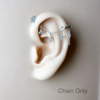 Dainty Industrial Barbell Triple Charm Chain (only) for Piercing, Sterling Silver Helix Chain Earring,Conch Chain Piercing 14g, 16g, 18g