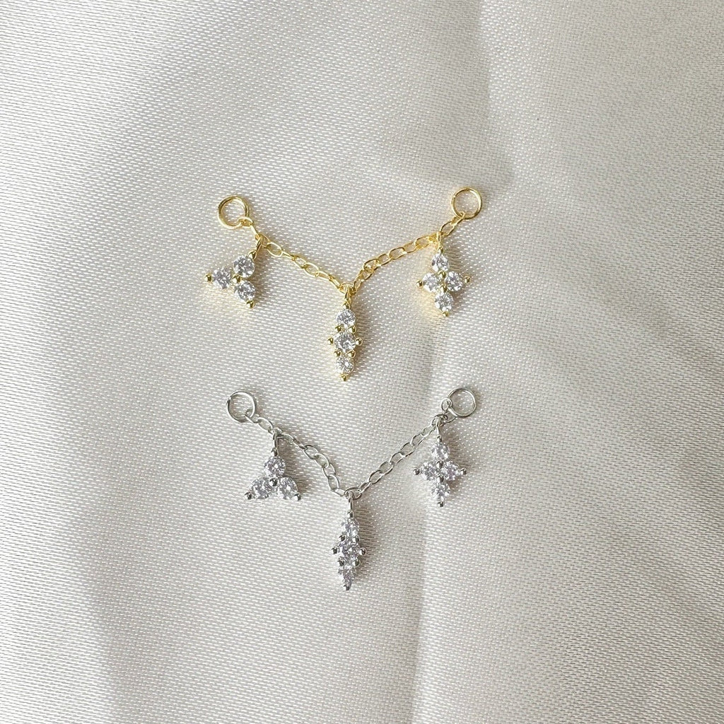 Dainty Industrial Barbell Triple Charm Chain (only) for Piercing, Sterling Silver Helix Chain Earring,Conch Chain Piercing 14g, 16g, 18g