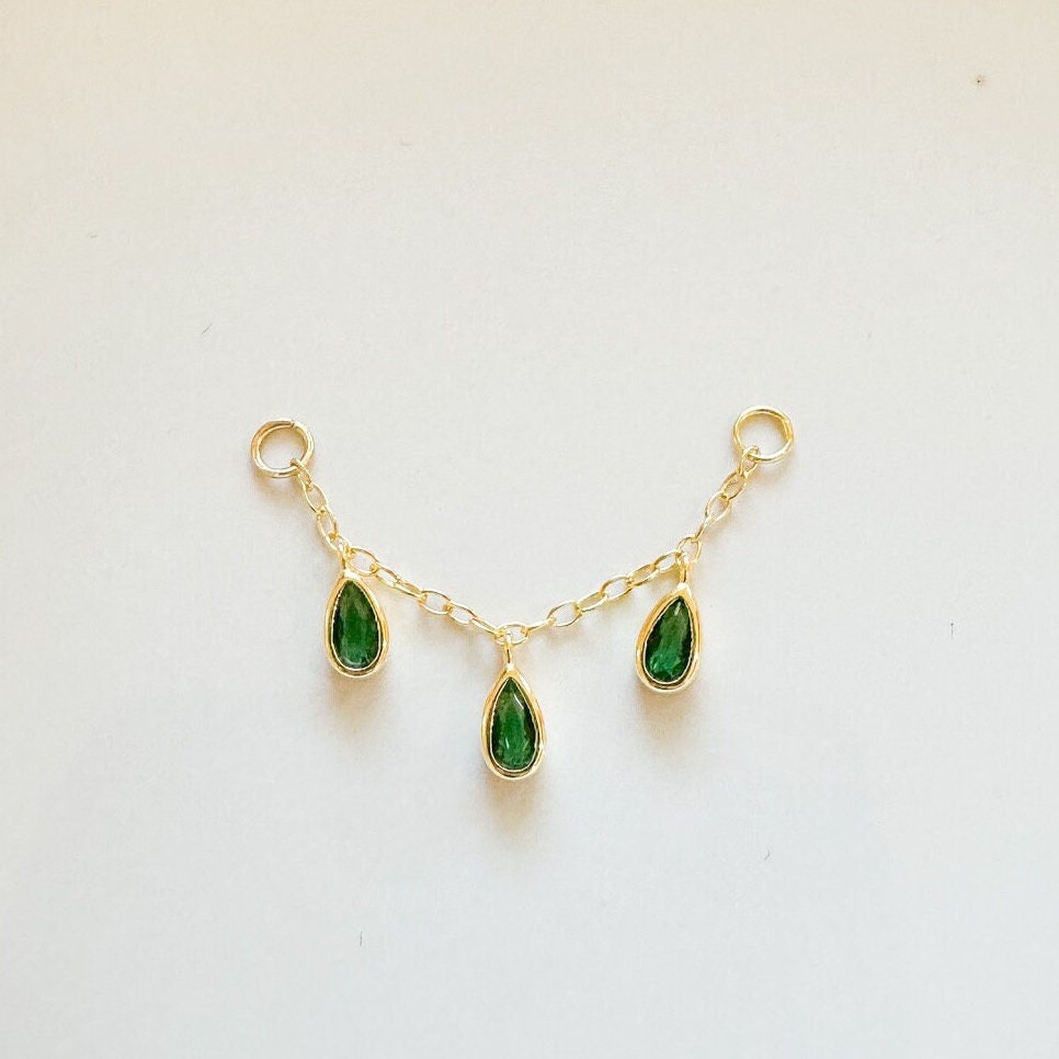 Dainty Industrial Barbell Ruby CZ Triple Pear Shaped Charm Chain (only) for Piercing, Helix Chain Earring,Conch Chain Piercing 14g, 16g, 18g