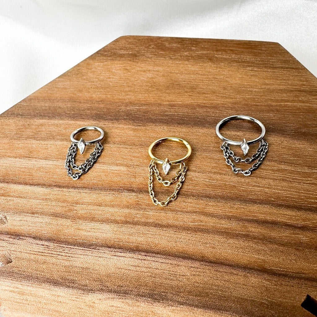 16g 8mm 10mm 12mm Kite Diamond CZ Charm Double Chain Titanium G23 Conch or Helix Hoop, titanium piercings, gold hoop, silver hoop