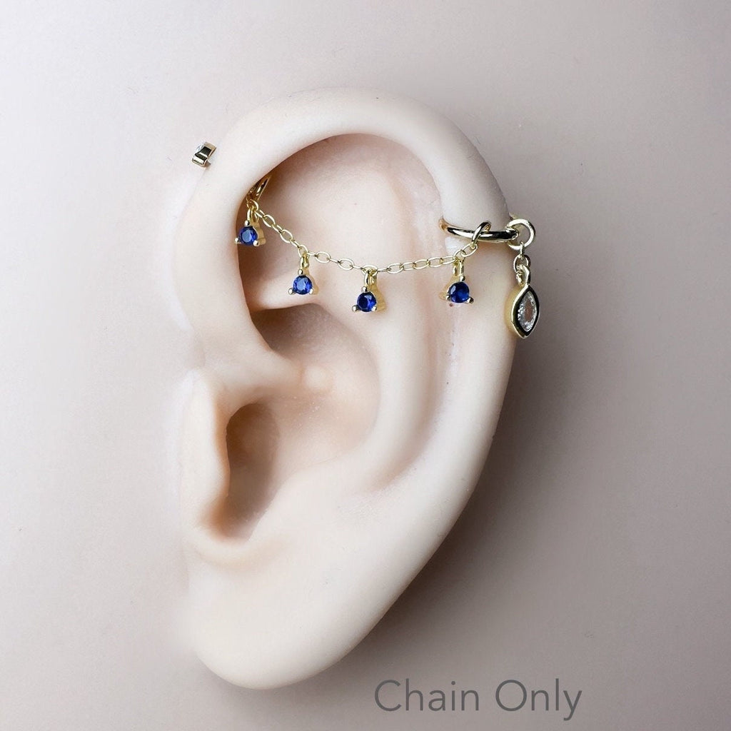 Dainty Industrial Barbell Sapphire CZ Chain (only) for Piercing,Chain For Earring Piercing, Chain Earring,Conch Chain Piercing 14g, 16g, 18g