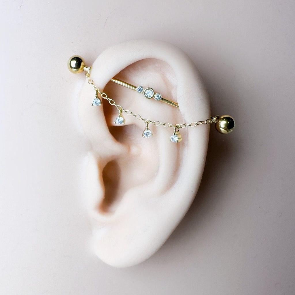 Dainty Industrial Barbell and CZ Chain for Piercing, Gold Sterling Helix Chain Piercing, Chain Earring,Conch Chain Piercing 14g, 16g, 18g