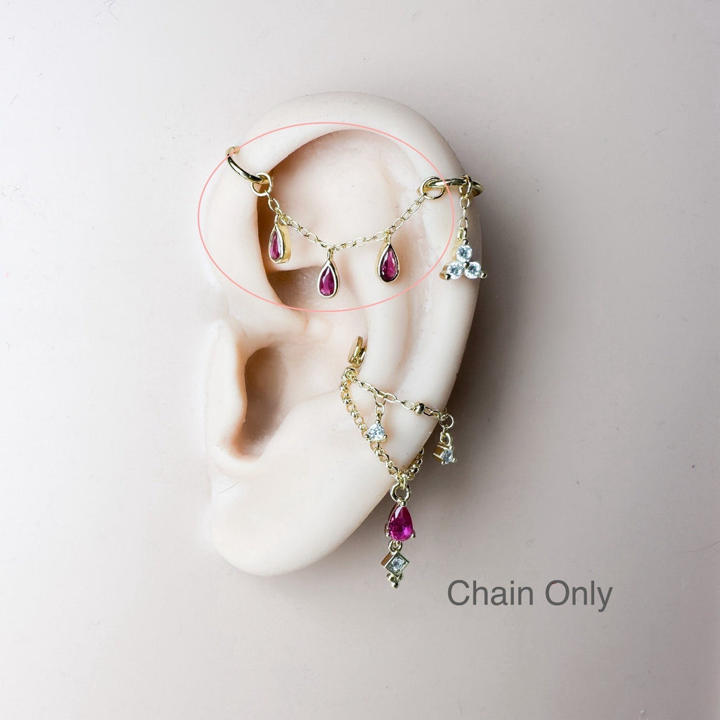 Dainty Industrial Barbell Ruby CZ Triple Pear Shaped Charm Chain (only) for Piercing, Helix Chain Earring,Conch Chain Piercing 14g, 16g, 18g
