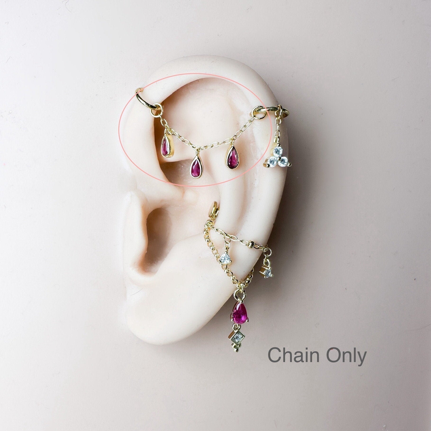 Dainty Industrial Barbell Ruby CZ Triple Pear Shaped Charm Chain (only) for Piercing, Helix Chain Earring,Conch Chain Piercing 14g, 16g, 18g