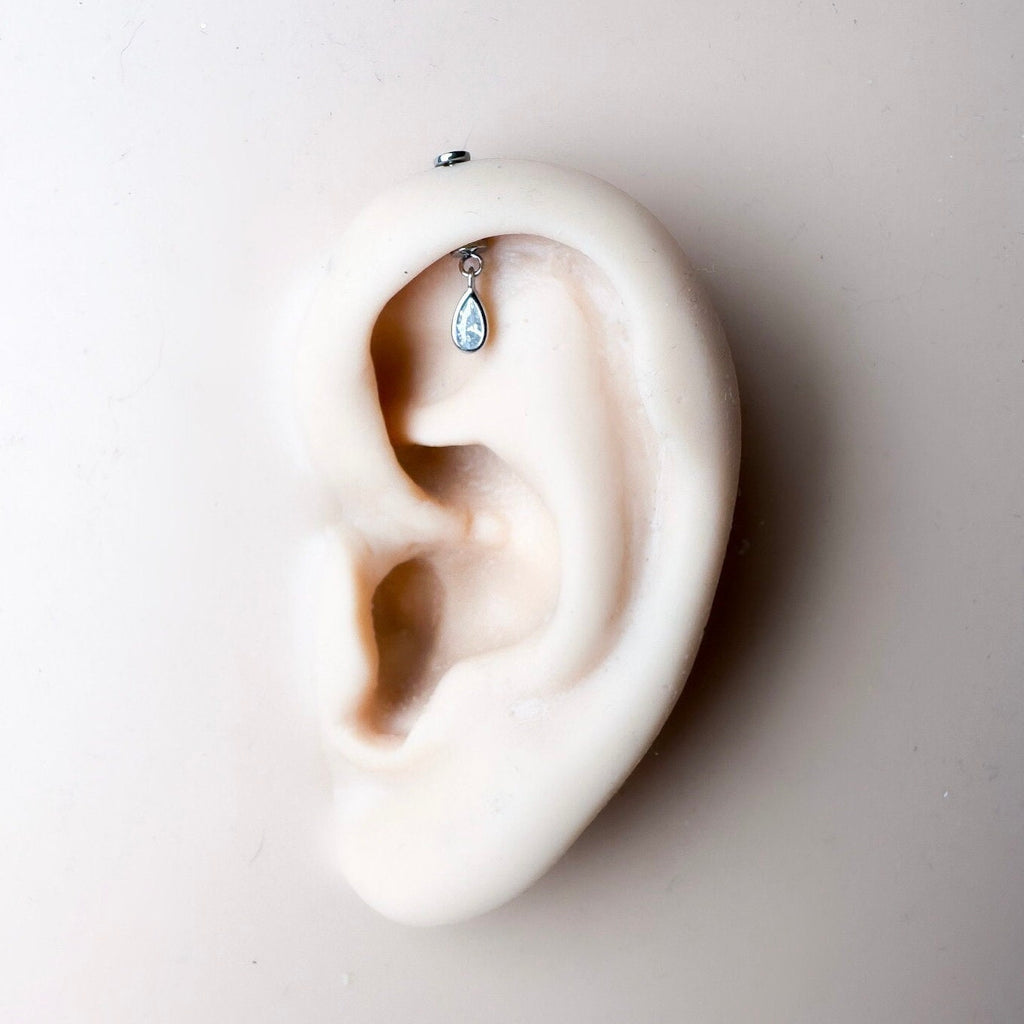 Dainty Silver Moss Agate Pear F136 Titanium 16G 18g Push Pin Flat Back Vertical Helix Piercing, Vertical hidden rook piercing