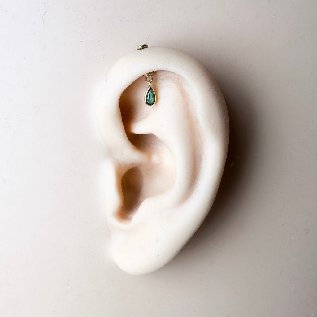 Dainty Gold Moss Agate Pear F136 Titanium 16G 18g Push Pin Flat Back Vertical Helix Piercing, Vertical hidden rook piercing