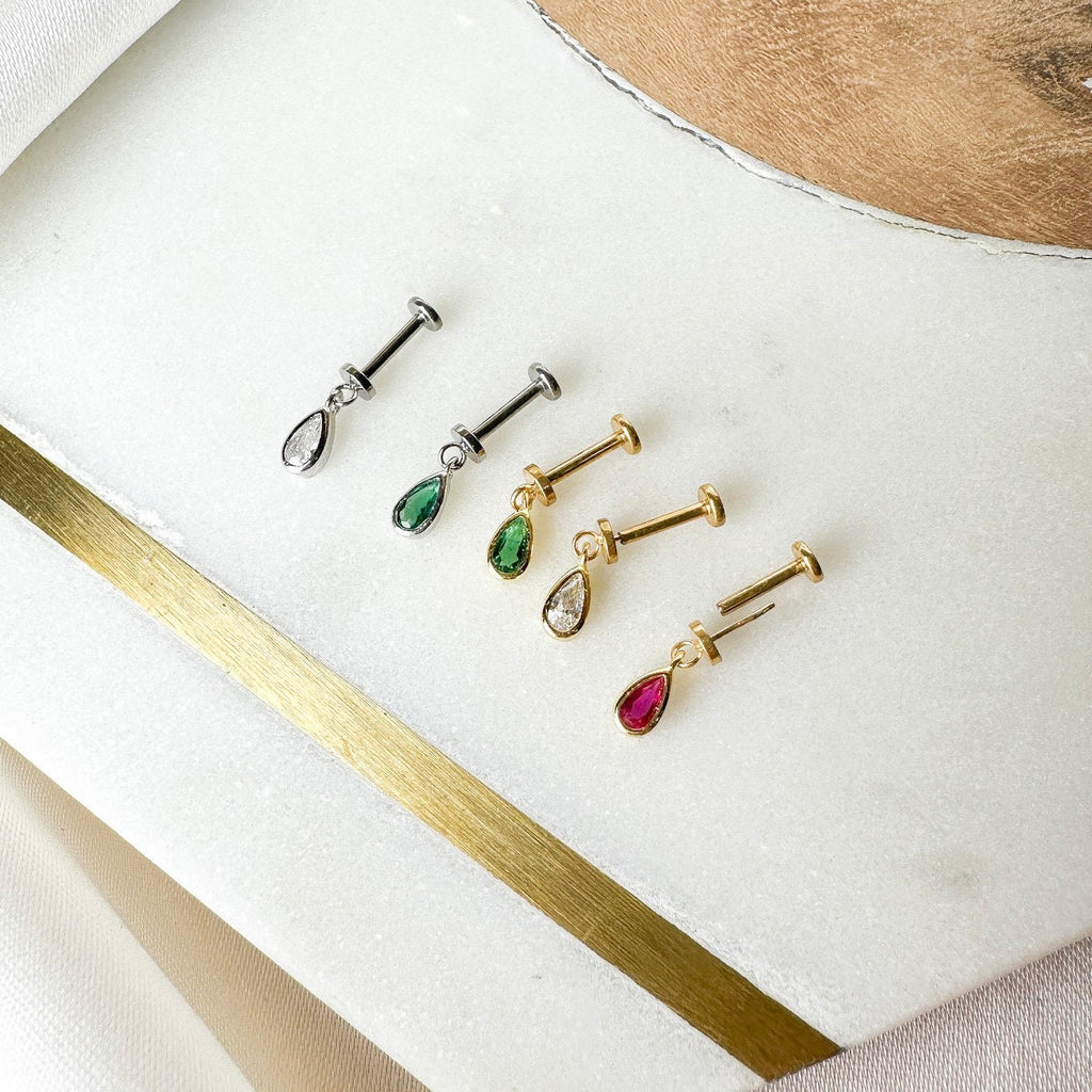 Dainty Emerald CZ Pear F136 Titanium 16G 18g Push Pin Flat Back Vertical Helix Piercing, Vertical rook piercing, hidden rook