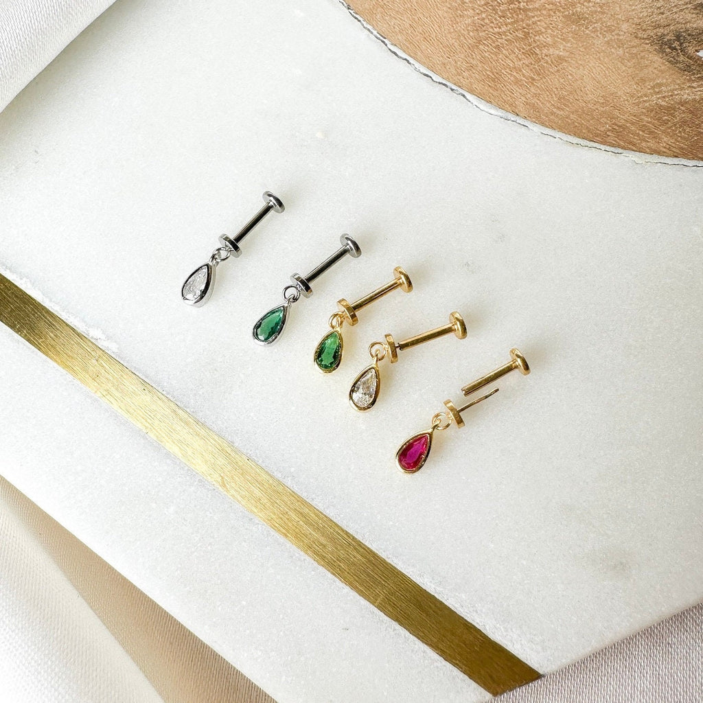 Dainty Diamond CZ Pear F136 Titanium 16G 18g Push Pin Flat Back Vertical Helix Piercing, Vertical hidden rook piercing