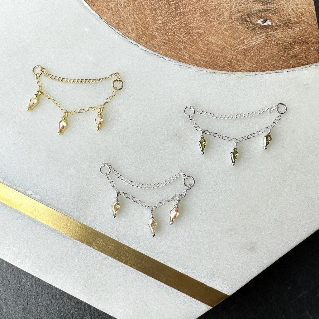 Dainty Industrial Barbell Kite CZ Double Chain (only) for Piercing, Gold Sterling Helix Chain Piercing, Chain Earring, 14g, 16g, 18g
