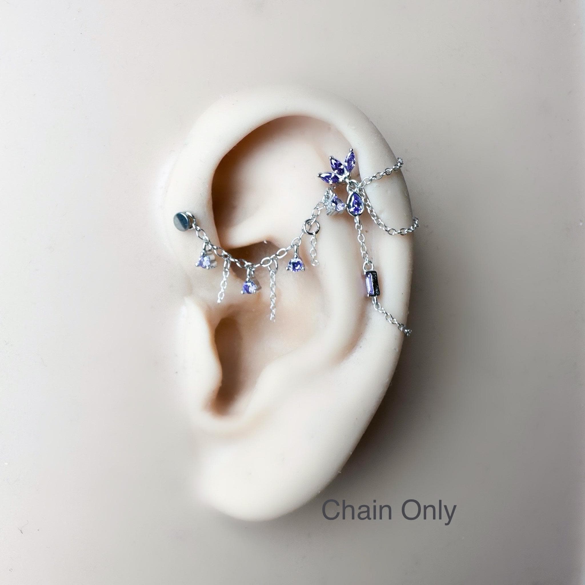 Dainty Industrial Barbell Amethyst Flutter Chain (only) for Piercing, Helix Chain Piercing, Chain Earring, Conch Chain Piercing 14g, 16g