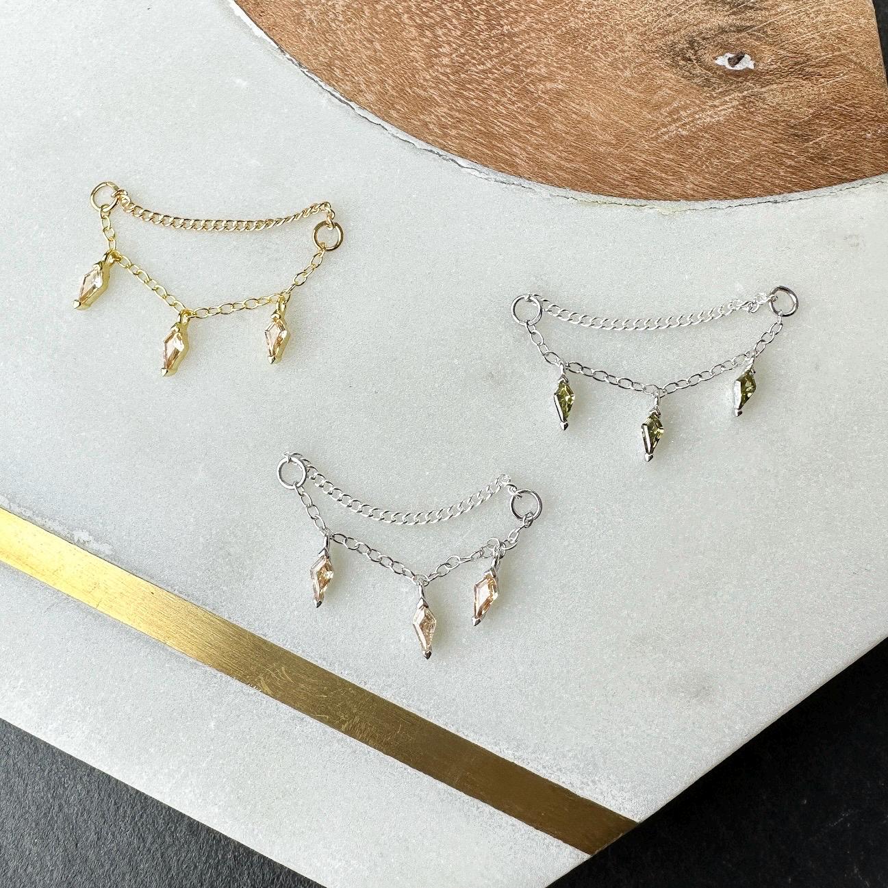 Dainty Kite CZ Double Nose Chain (only) for Piercing, Gold Sterling Helix Chain Piercing, Chain Earring, 14g, 16g, 18g