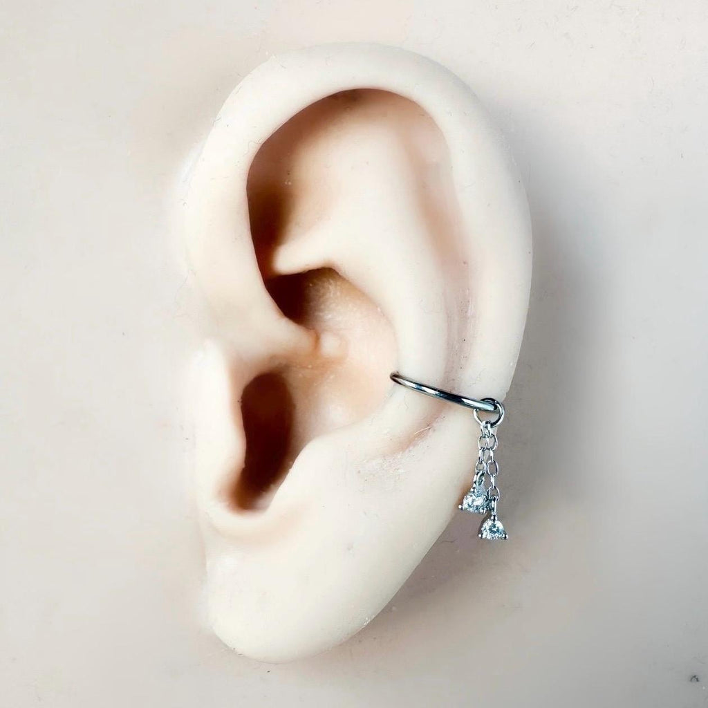 Dainty Double Opal CZ Chain Dangle Helix Hoop Charm, sterling silver, 316L Surgical Steel piercing, cartilage piercing, helix piercing