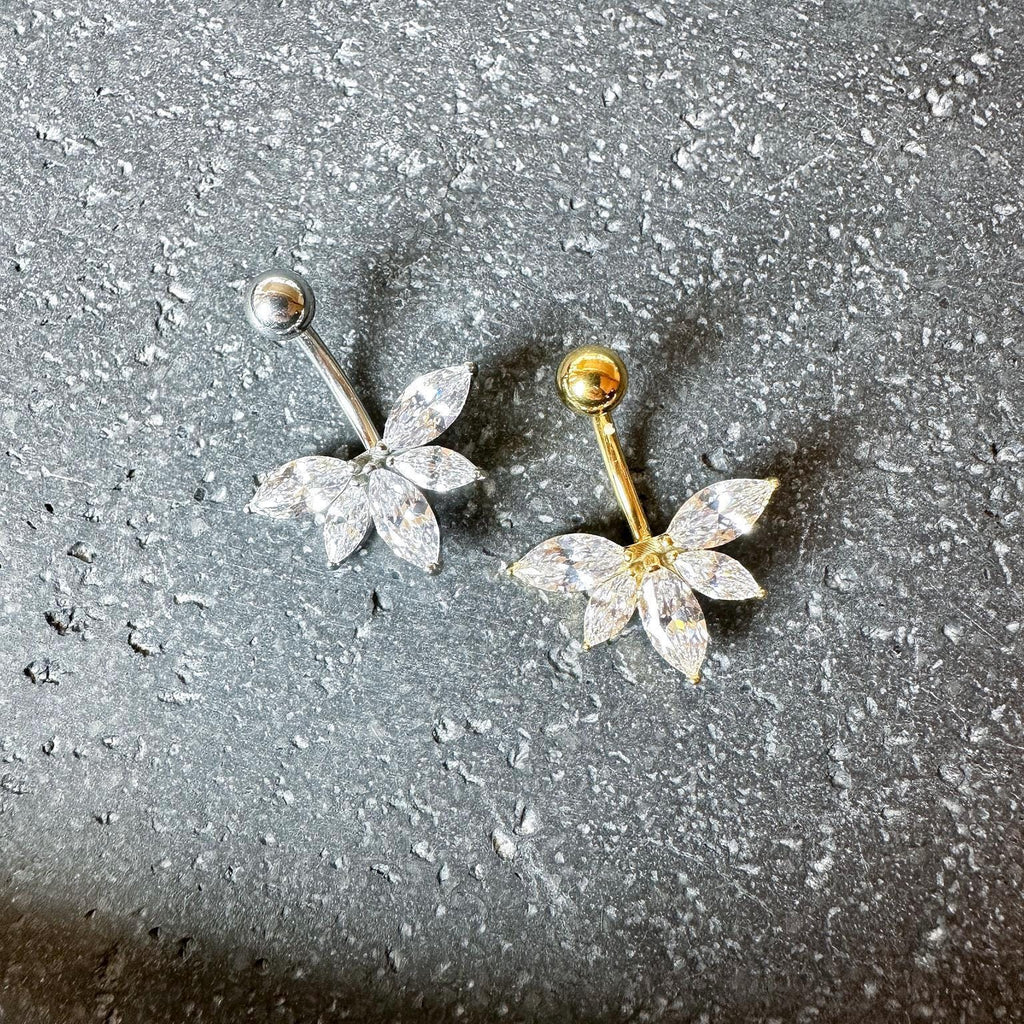 316L Surgical Steel Marquise CZ Navel Piercing Leaf Fan Flower Blossom Belly Button Ring Gem Ball Piercing Jewelry 14G