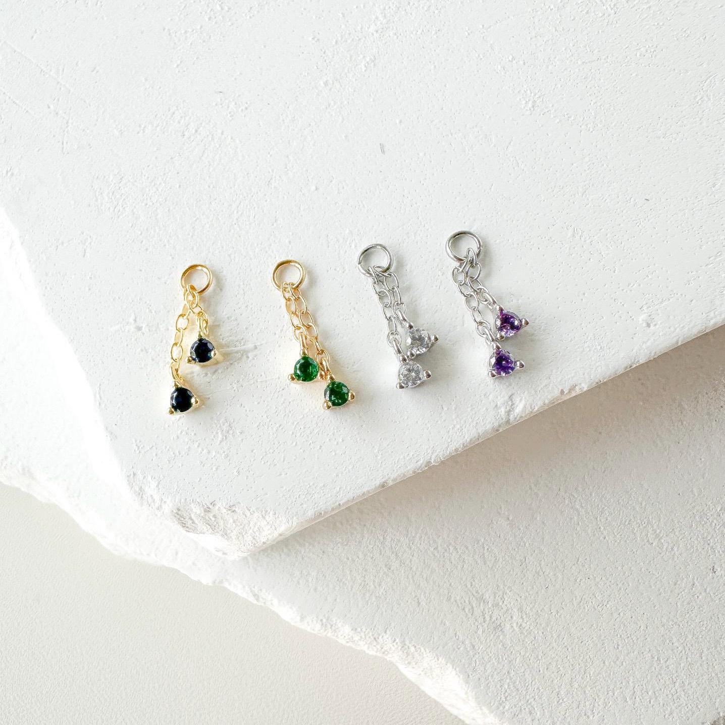 Sterling Silver Dainty Double Sapphire CZ Charm Chain Dangle Helix Hoop Charm, sterling silver Charms, Titanium Hoops, cartilage piercing