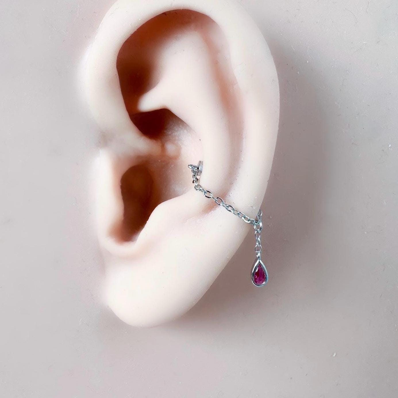 Dainty Titanium Pink Ruby CZ silver chain conch piercing, cartilage piercing, conch hoop, chain earrings, helix piercing, F136 titanium