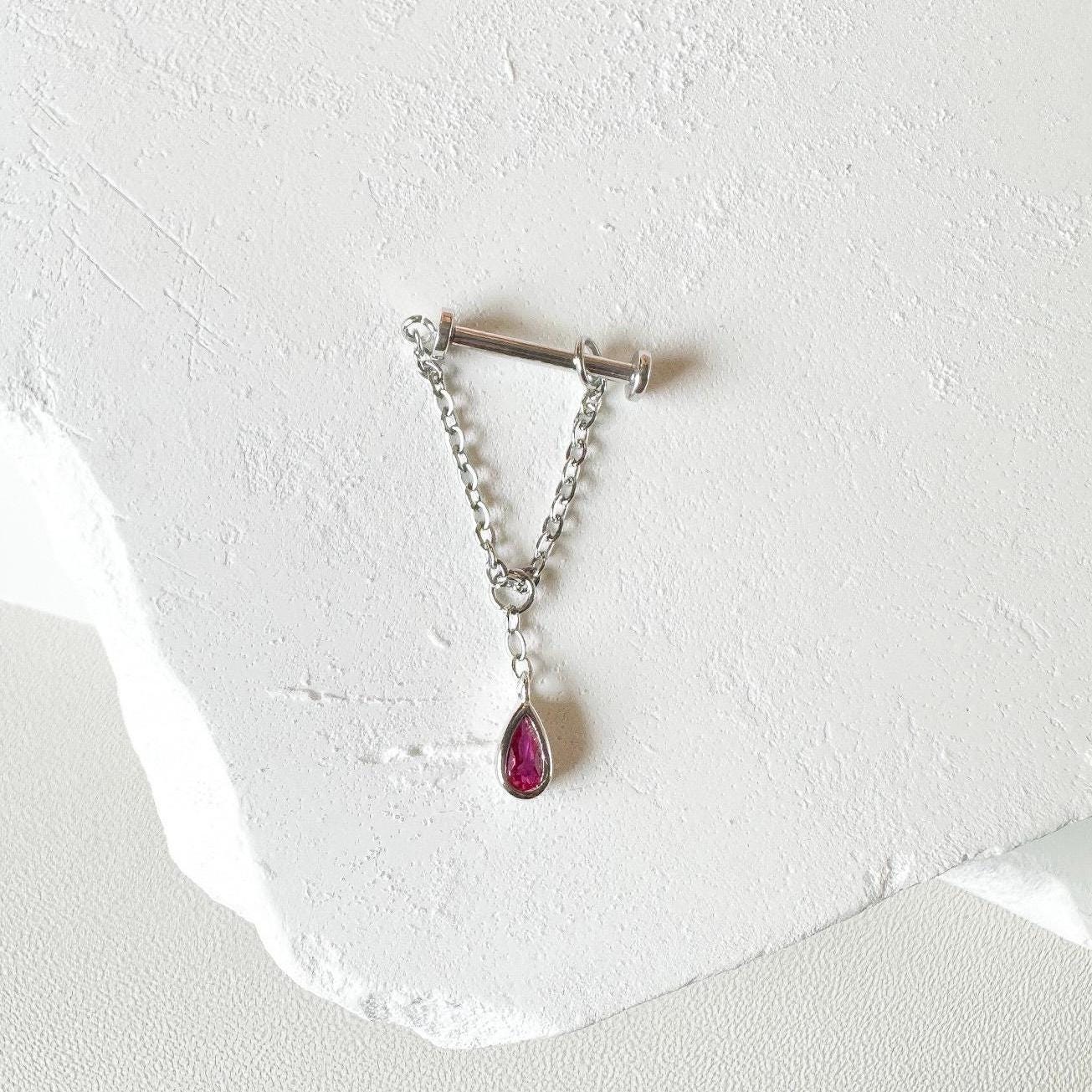 Dainty Titanium Pink Ruby CZ silver chain conch piercing, cartilage piercing, conch hoop, chain earrings, helix piercing, F136 titanium