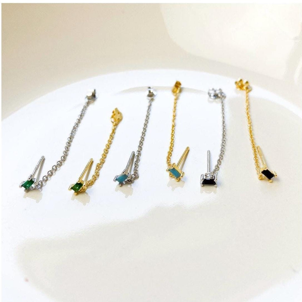 Dainty Emerald 18kt Gold Sterling Silver Chain Baguette CZ conch piercing, cartilage piercing, conch hoop, chain earrings