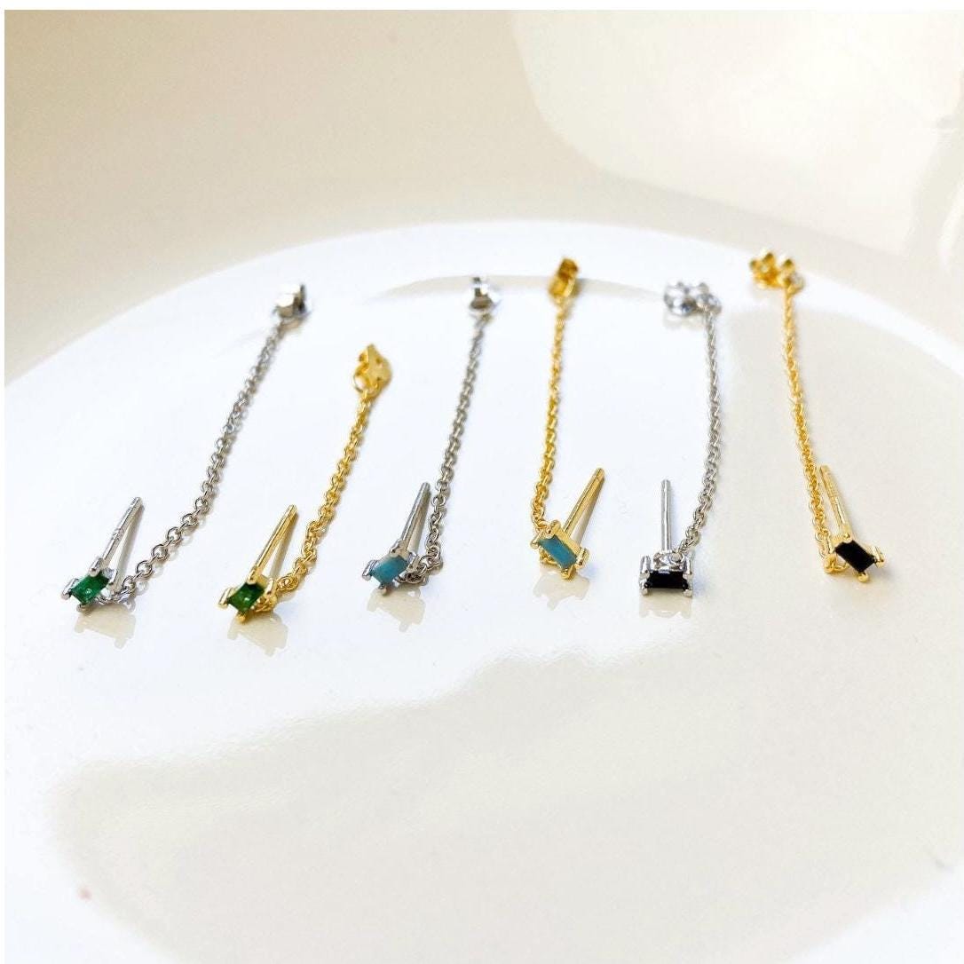 Dainty Emerald 18kt Gold Sterling Silver Chain Baguette CZ conch piercing, cartilage piercing, conch hoop, chain earrings