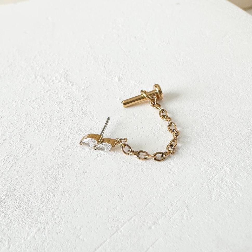 Dainty Push Pin Titanium Marquise Stack Chain Helix Piercing, cartilage piercing 16g 18g, hoop huggies, , chain earrings, helix hoops