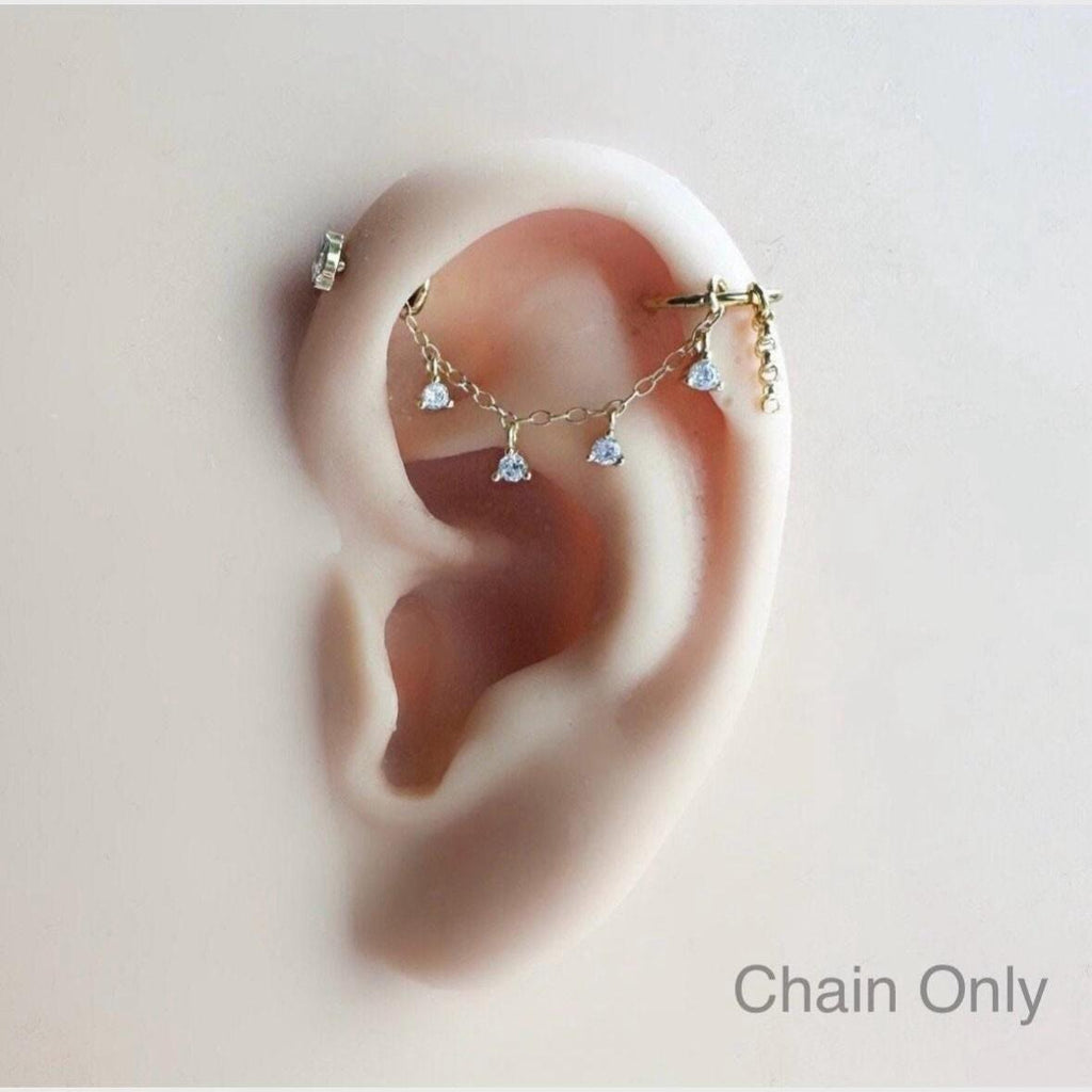 Dainty Industrial Barbell Diamond CZ Chain (only) for Piercing, Gold Sterling Helix Chain Piercing, Conch Chain Piercing 14g, 16g, 18g