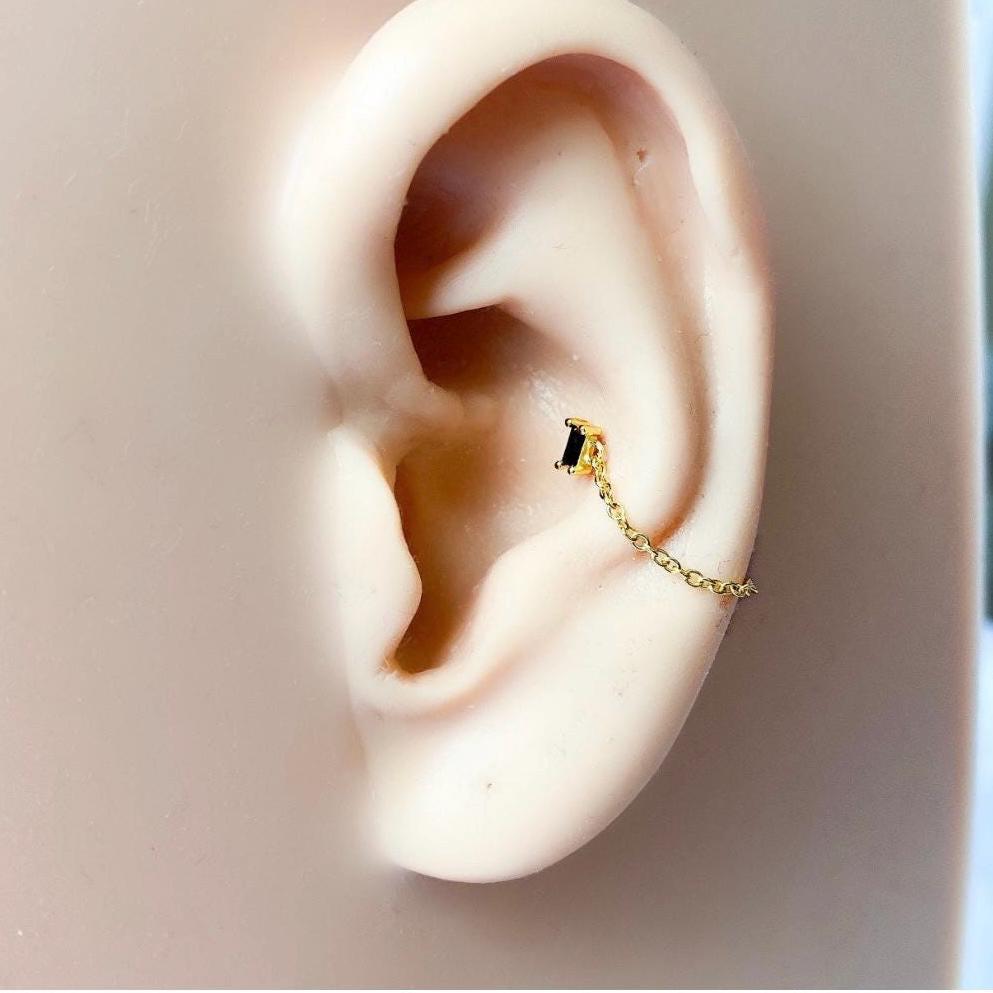 Dainty Emerald 18kt Gold Sterling Silver Chain Baguette CZ conch piercing, cartilage piercing, conch hoop, chain earrings