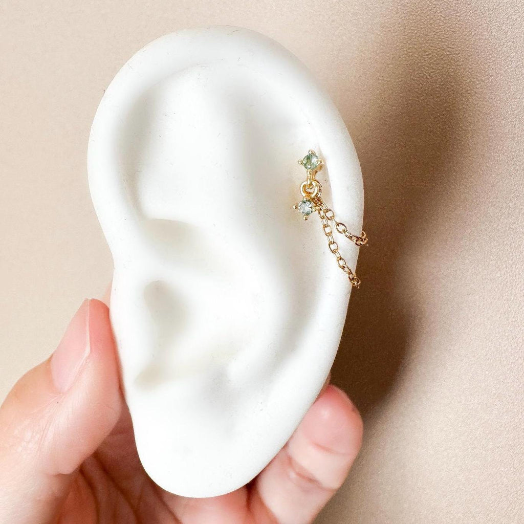 Dainty Double Chain Moss Agate Helix Piercing, cartilage piercing, hoop huggies, body piercing, chain earrings, helix hoops, minimalist