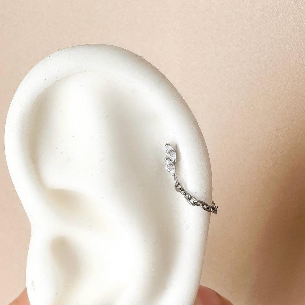 Dainty Push Pin Titanium Marquise Stack Chain Helix Piercing, cartilage piercing 16g 18g, hoop huggies, , chain earrings, helix hoops