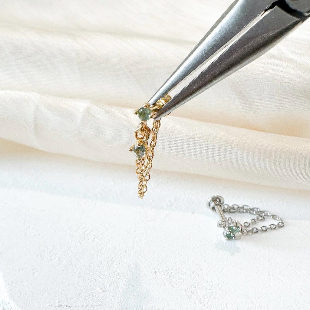 Dainty Double Chain Moss Agate Helix Piercing, cartilage piercing, hoop huggies, body piercing, chain earrings, helix hoops, minimalist