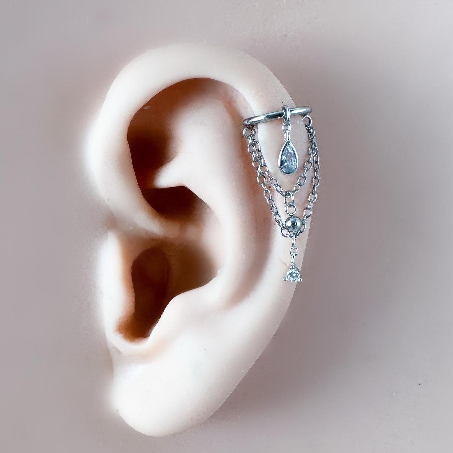 14g 16g 18g 6mm-12mm Dainty Selene DiamondCZ Double Chain Helix Piercing, conch earring, chain piercing, helix hoops, Surgical Steel Clicker