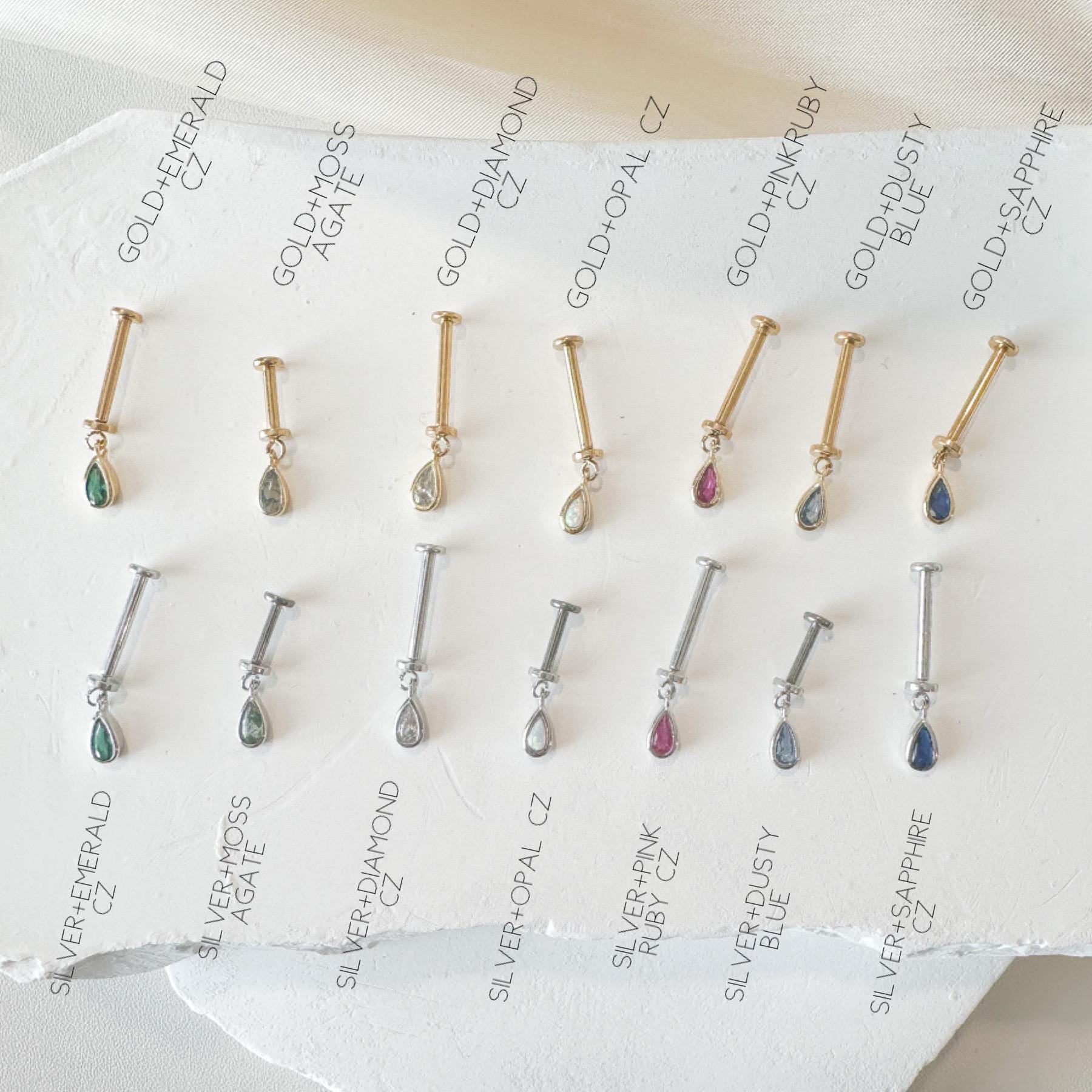 Dainty Silver Moss Agate Pear F136 Titanium 16G 18g Push Pin Flat Back Vertical Helix Piercing, Vertical hidden rook piercing