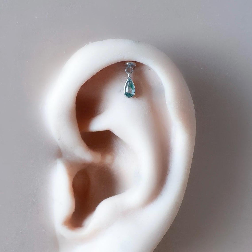 Dainty Gold Moss Agate Pear F136 Titanium 16G 18g Push Pin Flat Back Vertical Helix Piercing, Vertical hidden rook piercing