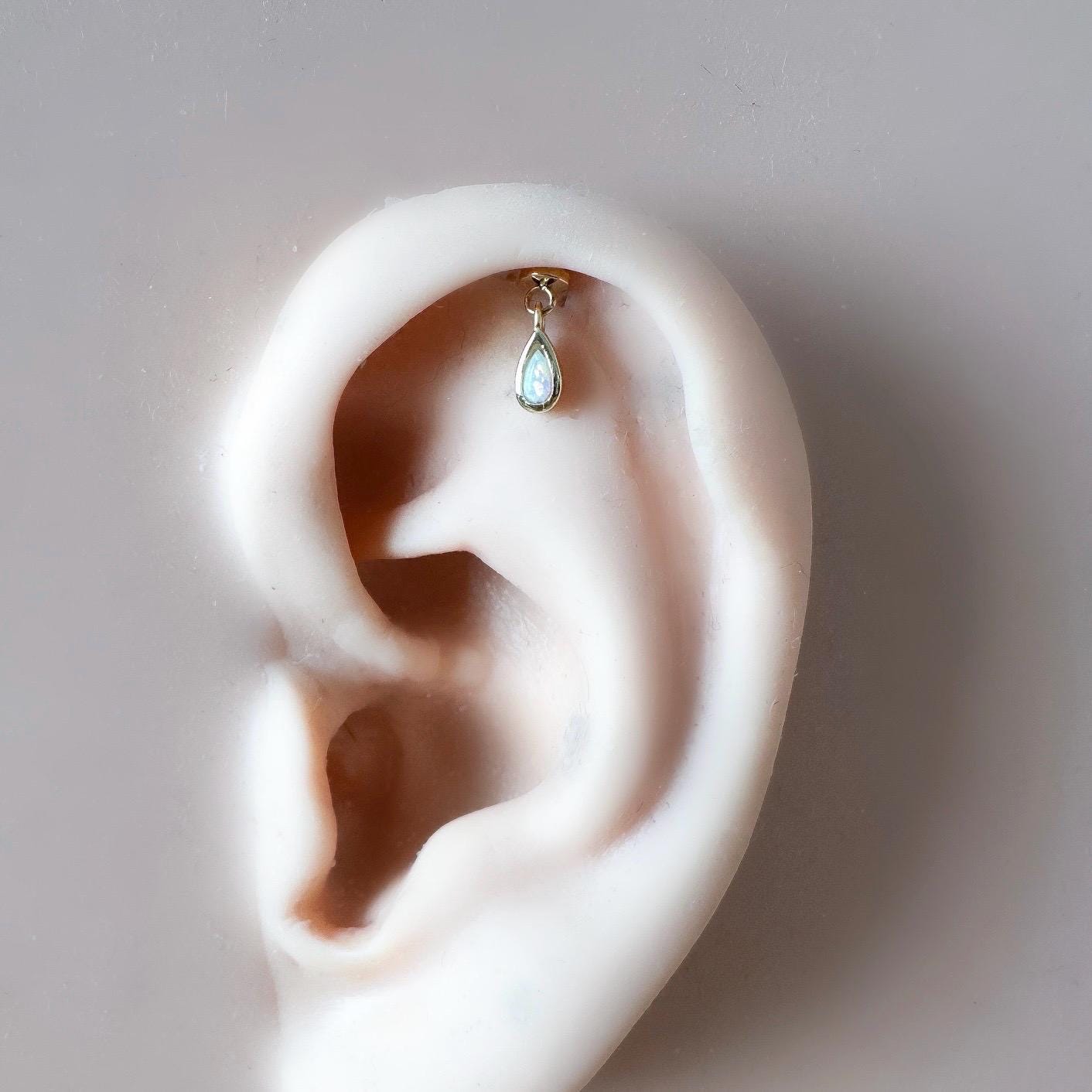 Dainty Opal CZ Pear F136 Titanium 16G 18g Push Pin Flat Back Vertical Helix Piercing, Vertical hidden rook piercing
