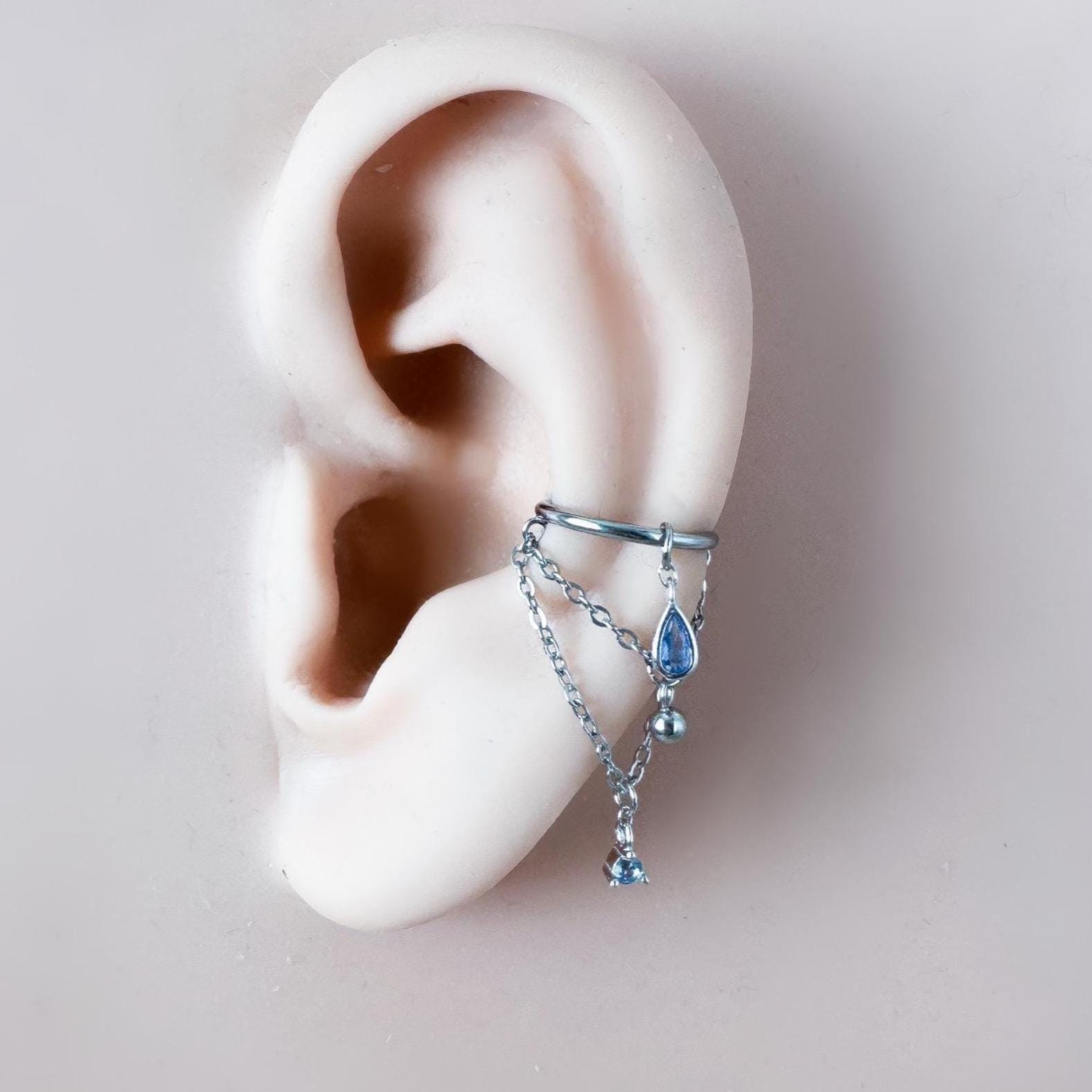 14g 16g 18g 6mm-12mm Dainty Selene Dusty Blue Double Chain Helix Piercing, conch earring, chain piercing, helix hoop, Surgical Steel Clicker