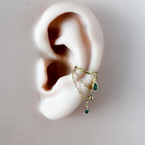 14g 16g 18g 6mm-12mm Dainty Selene Emerald CZ Double Chain Conch Piercing, conch earring, chain piercing, helix hoop, Surgical Steel Clicker