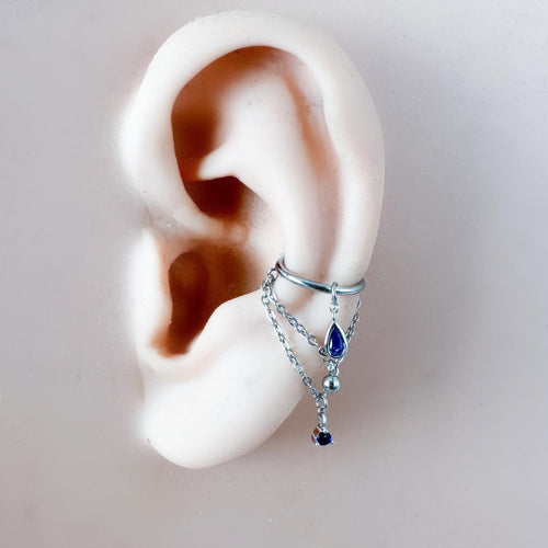 14g 16g 18g 6mm-12mm Dainty Selene SapphireCZ Double Chain Conch Piercing, conch earring, chain piercing, helix hoop, Surgical Steel Clicker