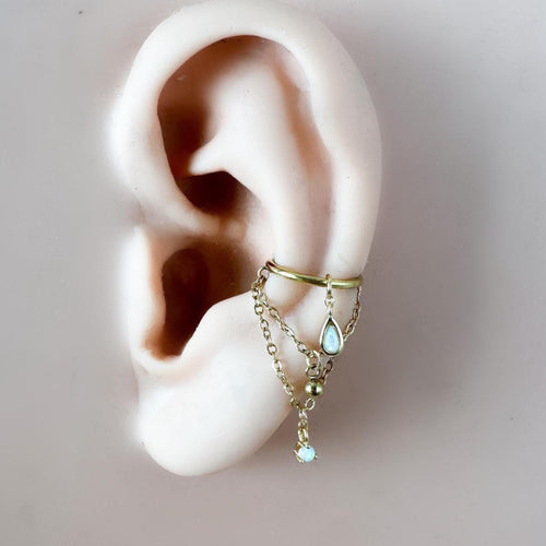14g 16g 18g 6mm-12mm Dainty Selene Opal CZ Double Chain Conch Piercing, conch earring, chain piercing, helix hoop, Surgical Steel Clicker