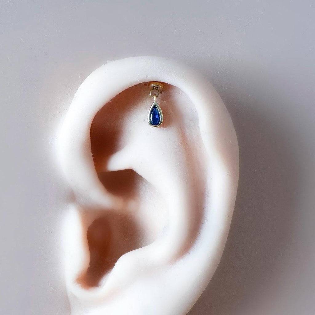 Dainty Silver Moss Agate Pear F136 Titanium 16G 18g Push Pin Flat Back Vertical Helix Piercing, Vertical hidden rook piercing