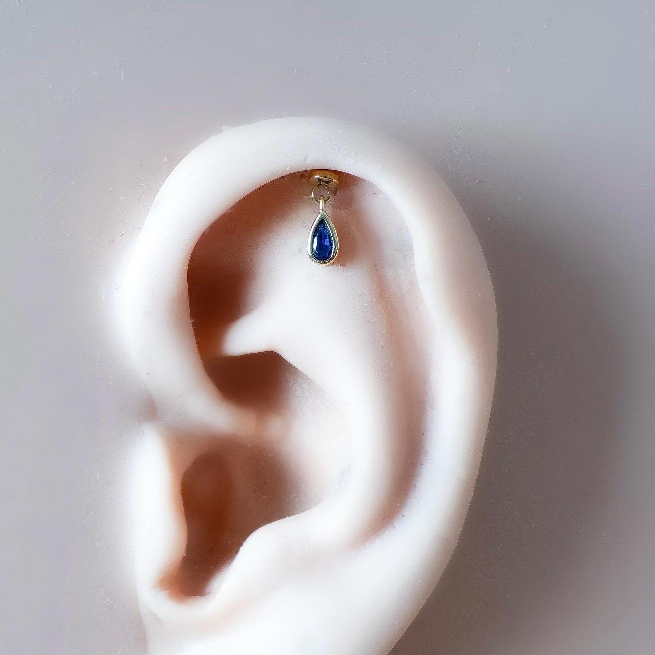 Dainty Silver Moss Agate Pear F136 Titanium 16G 18g Push Pin Flat Back Vertical Helix Piercing, Vertical hidden rook piercing
